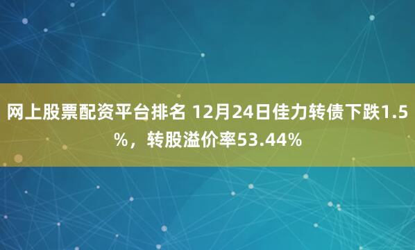 网上股票配资平台排名 12月24日佳力转债下跌1.5%，转股溢价率53.44%